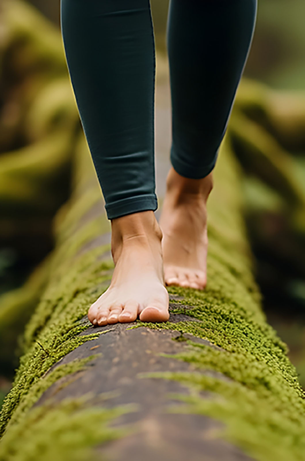 Ein_Paar_Fuesse_die_barfuss_ueber_einen_Baumstamm_laufen